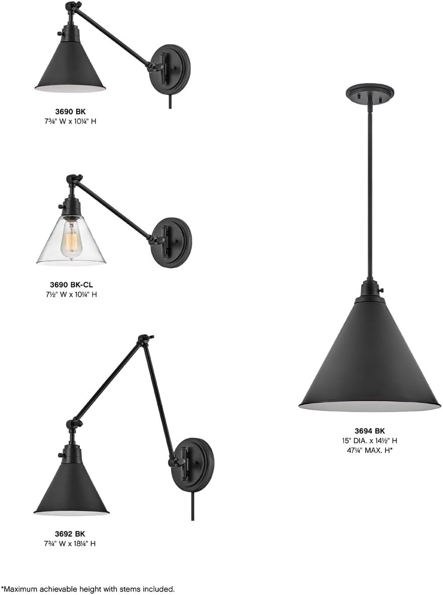 Hinkley Arti Wall Sconce, 20.5-inch Swing Arm Adjustable Wall Mounted Light with 8FT Plug in Cord, On/Off Switch, Black Finish