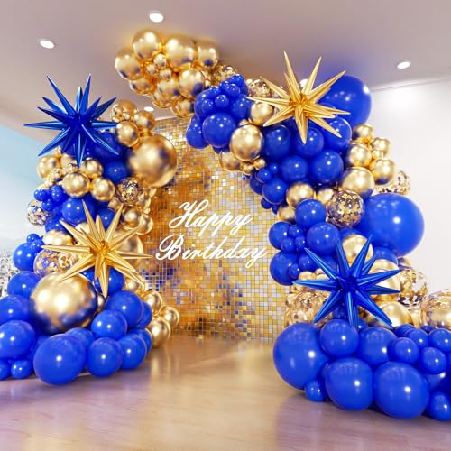 PTGOLUO Royal Blue and Gold Balloon Arch Garland Kit 153pcs with Star, 22 18 12 10 5in Different Size Blue Gold Confetti Latex Balloons for Baby Shower Birthday Anniversary New Year Party Decorations