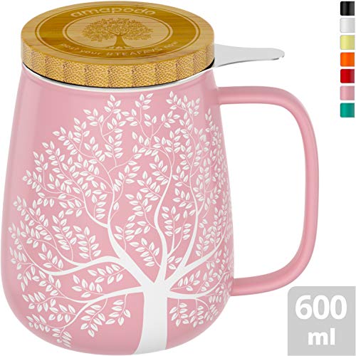 amapodo Lot de tasses à thé avec couvercle et passoire en porcelaine 600 ml