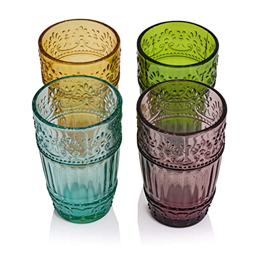 Whole Housewares | Vintage Glass Tumblers | Set Of 4 Drinking Glasses | 11Oz Embossed Design | Drinking Cups For Water, Iced Tea, Juice (Multi-Color) #TOP6