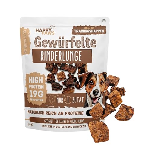 HappyPaw 800g Rinderlunge (gewürfelt) 100% natürliche Leckerlis für Hunde Idealer Trainings Happen schonend getrocknet proteinreich & fettarm Snack ohne Zusätze & ohne Chemie