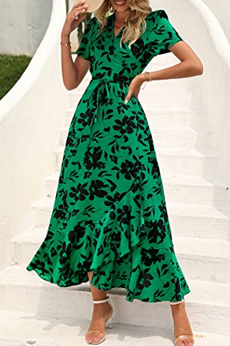 Image of PRETTYGARDEN Women's Summer Wrap Maxi Dress Casual Boho Floral V Neck Short Sleeve Ruffle Hem Split Beach Long Dresses