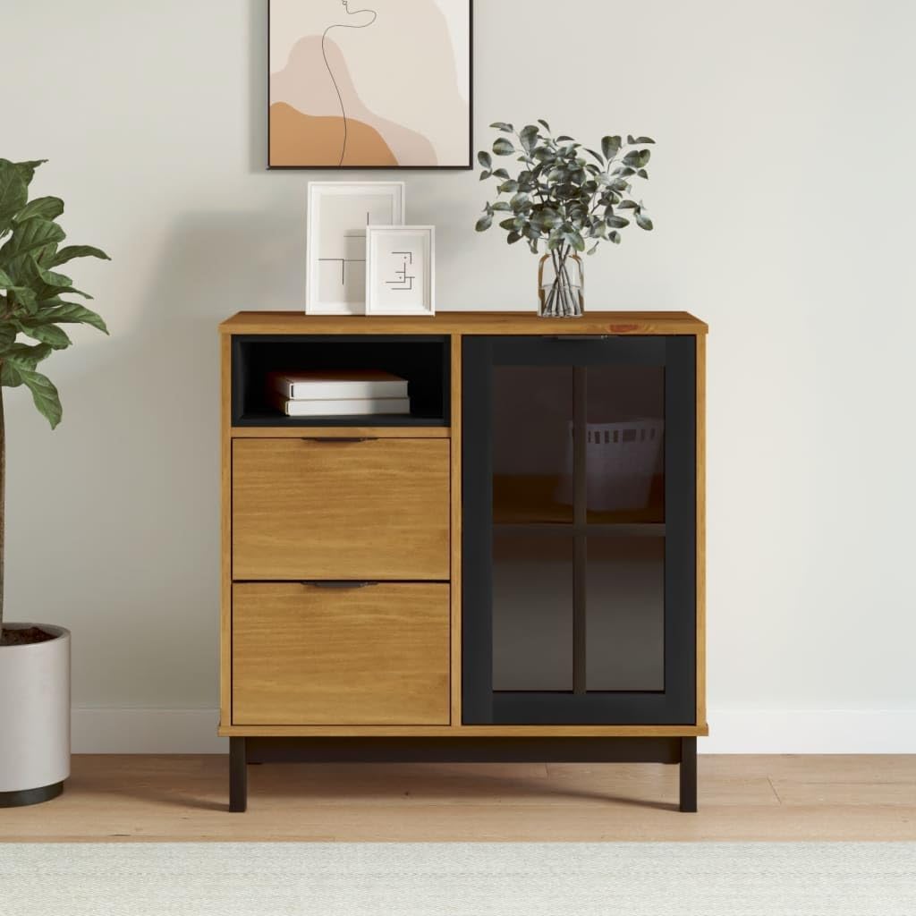 Solid Pine Wood Sideboard with Glass Door and Drawers, Rustic Brown Oak Finish Storage Cabinet for Living Room Dining Room, 31.5 x 15.7 x 31.5 Inches, Durable Furniture