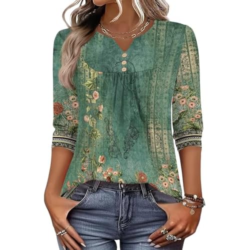 LOMON 3/4 Length Sleeve Womens Tops Dressy Casual Henley V Neck Blouses Loose Fit Tunics 2026 Trendy Summer Outfits