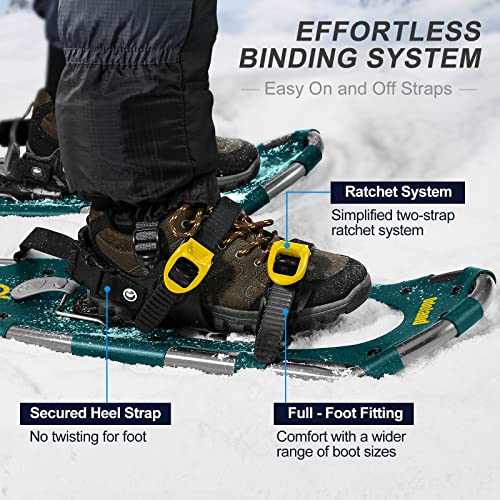 Foto von Odoland Schneeschuhe mit Steighilfe Allround 4 IN 1 für Damen und Herren mit Wanderstöcken, Wasserdichten Gamaschen und Tragetasche, ab Schuhgröße 25 INCH Dunkelgrün