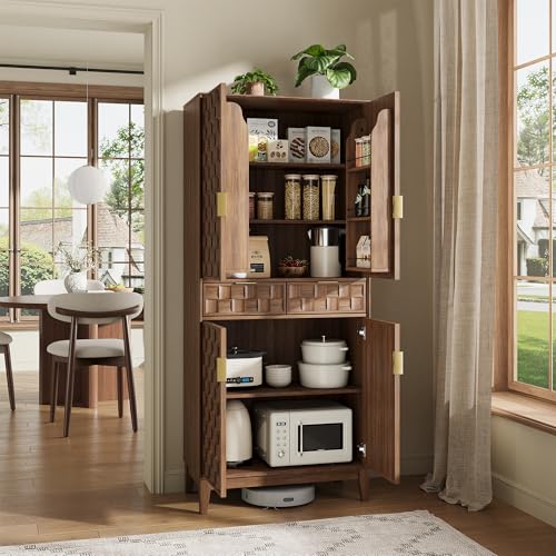 Image of Pantry Cabinet, 71 inch Tall Pantry Cabinet,Modern Kitchen Cabinet with Doors, Drawers & Adjustable Shelves, Freestanding Food Pantry Cupboard with Side Rack for Kitchen Dining Room,Walnut