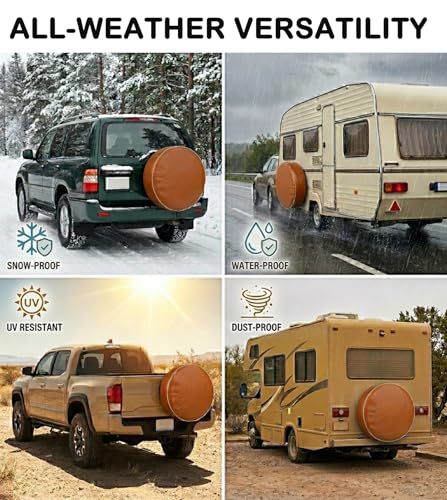 Image of Brown Spare Tire Cover with White Trim 13 Inch-Thick Waterproof PVC,Fits 155 /80R13 185 /70R13 Tires,UV Resistant for RV SUV Trailer Camper Boat Trailer,Snug Fit Elasticized Back Hem