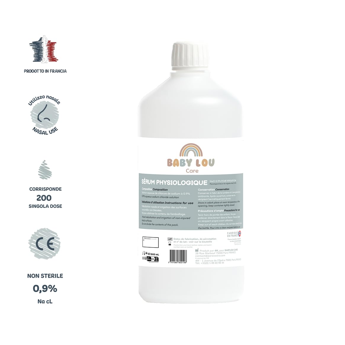 Siero Fisiologico flacone 2x1L | NaCl 0,9% | Fabbricato in Francia | Lavaggio delle fosse nasali | Igiene del naso | Per irrigazione esterna