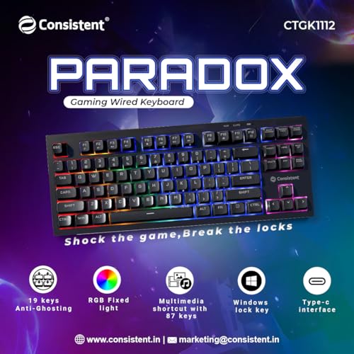 Image of Consistent Paradox Gaming Wired Keyboard, USB Connection | Windows Lock Key | Multimedia Shortcuts with 87 Keys | 19 Anti-Ghosting Keys