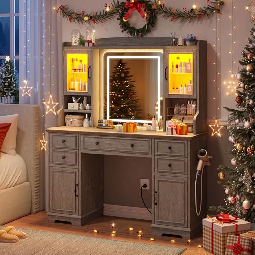 EnHomee Vanity Desk with Mirror and Lights, 43