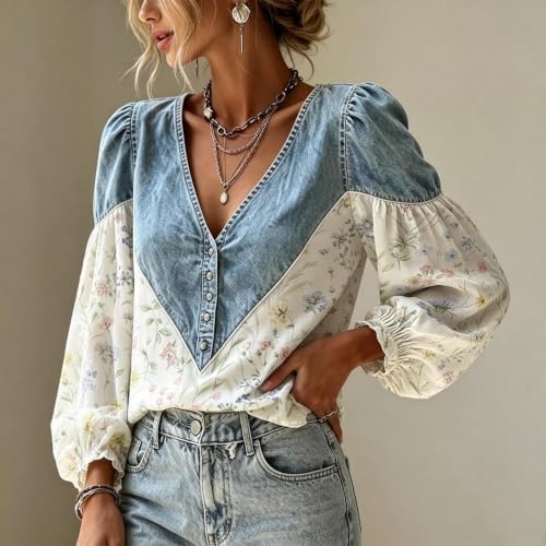 Floral Blouse Western Shirts for Women Boho Tops Fall Date Night Clothes | Puff Sleeve,Cute Floral Print,Patchwork,Loose Fit,Going Out,Layered Tops,Cowgirl Outfits Western Button Up Shirts For Women - image 2