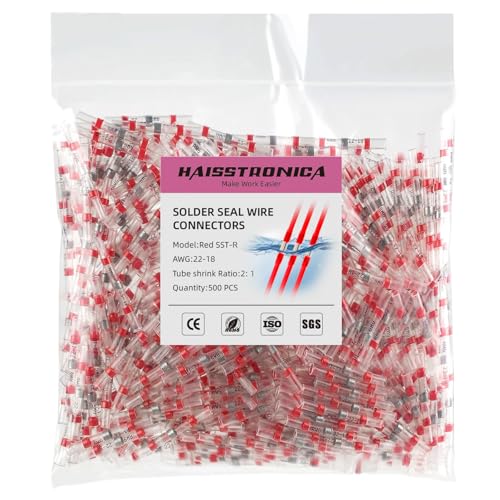 haisstronica 500PCS Solder Seal Wire Connectors, AWG 22-18 Red Sleeves