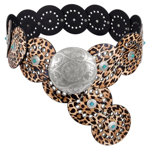 Image of XZQTIVE Western PU Leather Belts for Woman Concho Cowgirl Cowboy Disc Belt for Ladies Wide Boho Country Waist Belts for Dress