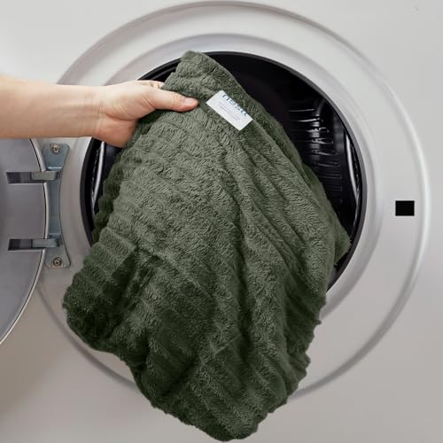 Image of Nestl Green Blanket Queen Size for Bed - Cozy Warm Fuzzy Blankets for Women, Plush Large Fleece Throws for Girls - Olive Green, 90 x 90 Inches