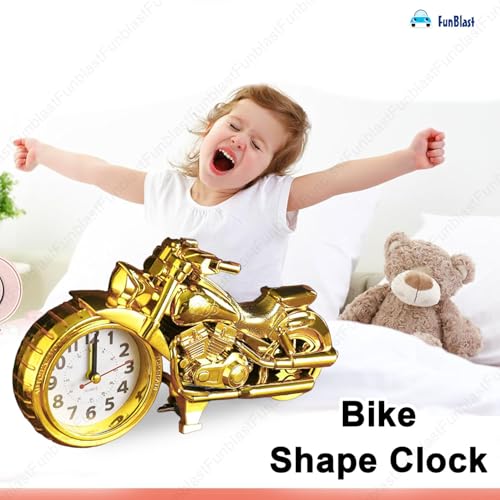 Image of FunBlast Alarm Plastic Clock for Heavy Sleepers Bike Shaped Retro, Stylish Analog Table /Desk Alarm Clock for Students, Table Clock for Bedroom, Living Room, Office, Return Gifts (Gold), 20*14 Cm