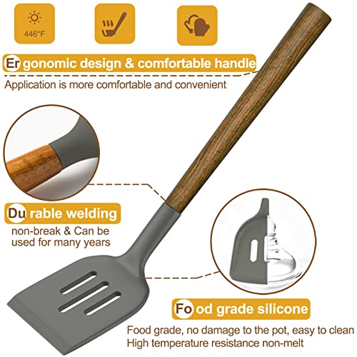 Umite Chef Silicone Cooking Utensil Set, 8-Piece Kitchen Utensils Set With Natural Acacia Wooden Handles,Food-Grade Silicone Heads-Silicone Kitchen Gadgets And Spatula Set For Nonstick Cookware - Grey #TOP5