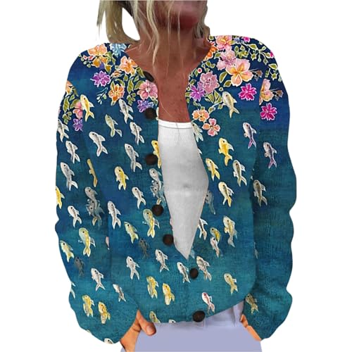 Generisch Damen Strickjacke Kurz Cardigan Frauen Langarm Single Plush Jacke mit Blumenmuster Rundhals Warm Winter Strickpullover Mit Knöpfen Steppjacke Herbst Strickcardigan Elegant Strickmantel
