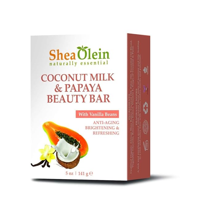 SheaOlein Naturally Essential Shea Olein Coconut Milk Papaya Beauty Bar with Vanilla Beans 5Oz Pack of 6 Natural