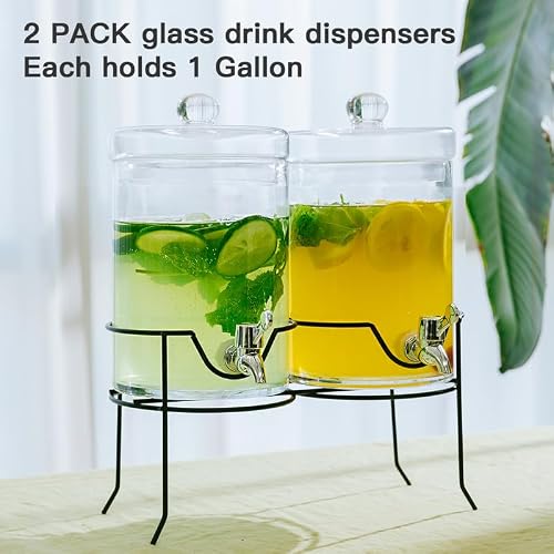 2 Pack Drink Dispenser with Stand Beverage Dispenser Each 1 Gallon Glass Drink Dispensers for Parties Lemonade Sangria Dispenser Mason Jar Drink Dispensers - Thumbnail 2