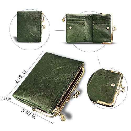 Pofee Womens Wallet Rfid Small Compact Bifold Leather Vintage Wallet,Ladies Coin Purse With Zipper And Kiss Lock (Green) #TOP4