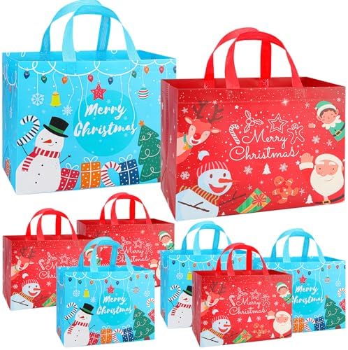 8 Pack Extra Large Christmas Gift Bags, Heavy Duty Reusable Tote Bags with Handles, Non-Woven Large Christmas Bags for Gifts, Holiday Shopping, Xmas Party Favors, 8pcs L 12.8″x9.8″x6.7″