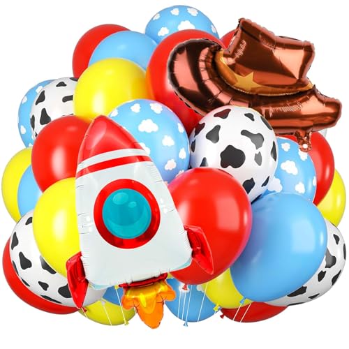Happy Birthday Rainbow Balloons - Colorful with Rocket & Cowboy Hat (Toy)