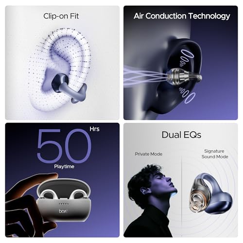 Image of Boat Airdopes Loop OWS Earbuds w /Clip-On Fit, Air Conduction Tech, 50HRS Battery, 4Mics ENx, Dual EQ Modes, 12mm Drivers, 40ms Latency, ASAP Charge, OWS Ear Buds in Ear Bluetooth Earphones(Cool Grey)