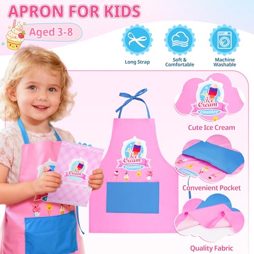 Image of Ice Cream Toy, Wooden Ice Cream Play Set with Aprons, Fake Money, Scoop, Menu, Ice Cream Toys Pretend Play Toys for Girls Boys, Wooden Play Food Set Toy Kitchen Gifts for 3 4 5 6 Year Old Toddlers