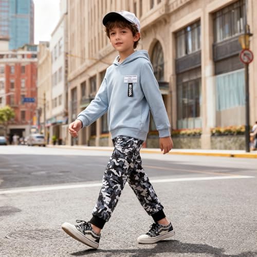 Image of Boys 2 Piece Outfits Long Sleeve Hooded Sweatshirt Top Camouflage Sweatpants Fall Winter Clothing Set 5-10T