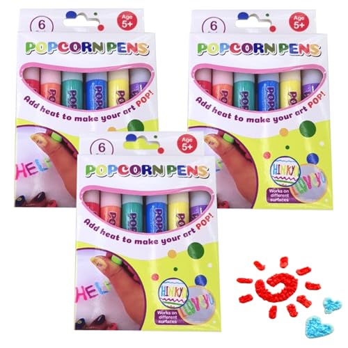 Cunlvyyds 18PCS Popcorn Pens 3D Art Safe Puffy Pens 6 Colors DIY Bubble Popcorn Drawing for Greeting Birthday Cards Kids