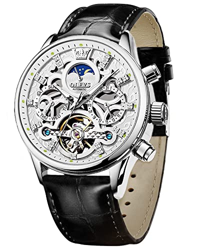 Mens Watches Fashion Genuine Leather Strap Watches Analog Automatic Movement Skeleton Diamond Luxury Waterproof Black Dress Business Wrist Watches for Men