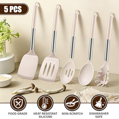Image of 5Pcs Silicone Cooking Utensils Set, Heat Resistant Kitchen Tools Include Solid&Slotted Spatula, Cooking Spoon and Pasta Server, Silicone Kitchen Utensils set for Nonstick Cookware Flipping, Khaki