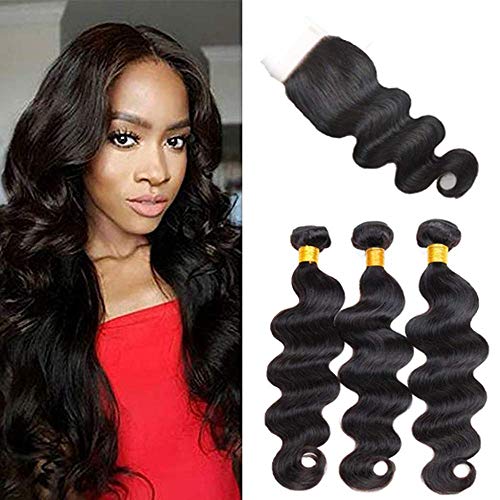Bex Body Wave Hair Bundles 14 16 18 with 12 inch Closure - 100% Unprocessed Brazilian Human Hair Weave 10a Grade Body Wave Bundles with Closure-Natural Black Color (14 16 18 +12)