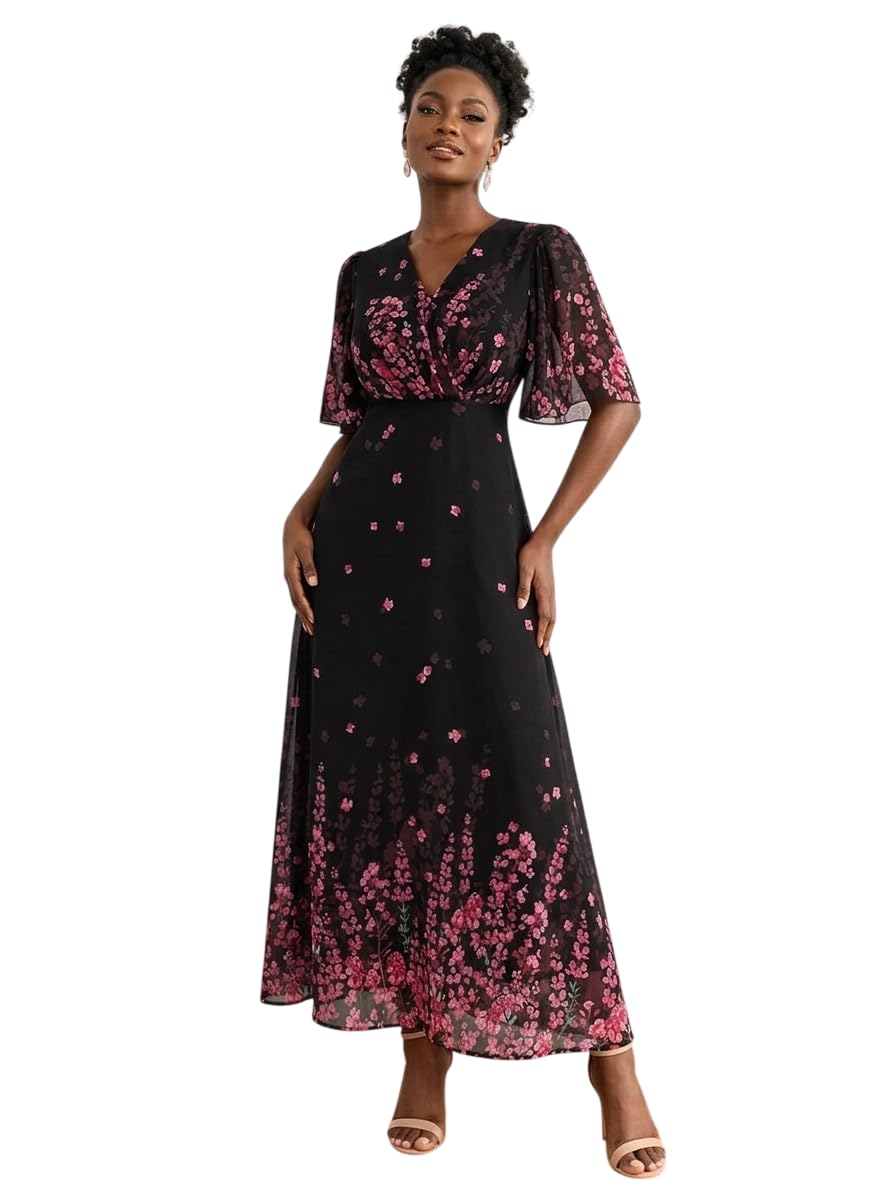 Women's Georgette Dresses Floral Printed Maxi Dress | Solid Color V Neck Flutter Sleeve Casual One Piece Long Gown | Western Look Frocks for Women Stylish-image-1
