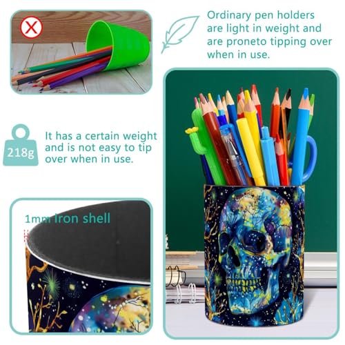 Pot à crayons métal avec crâne et plantes, cadeau original de bureau