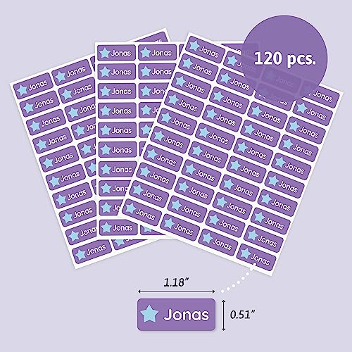 Teddylabels - 120 Personalized Name Labels (1.2” x 0.5”) to Use on Clothes and Gear. Waterproof and Self-Adhesive Labels for Everyone – Toddlers, School Kids, and Parents - Shapes - Purple - 7
