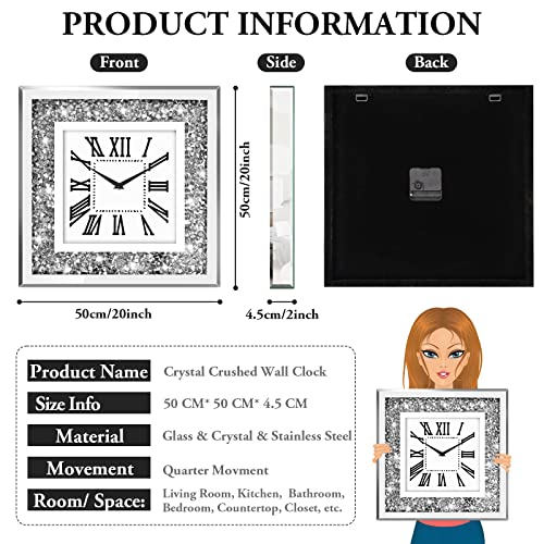 Clocks For Living Room Decor Modern Silver Crystal Diamond Clock Large Mirror Deorative Wall Clock For Living Room, Bedroom, Kitchen, Dinning Room, Wall Decoration, Home Decor (Square, 20 Inch) #TOP7