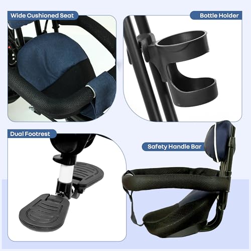 Image of R for Rabbit Tiny Toes R40 Ace Tricycle for Kids with Parental Control, EVA Wheels, Bell, Adjustable Canopy & Storage Basket | 360 Reversible Seat | Baby Trike for 2-5 Year | Upto 25Kg (Denim Blue)