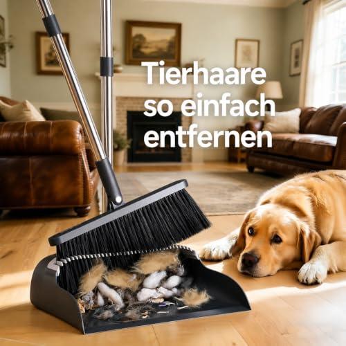 Besen und Kehrschaufel Set, 132cm Verstellbarem Langem Stiel, 180° Drehbarer Besenkopf, Kehrgarnitur für Haushalt Küche Büro Bodenreinigung, Tierhaare Entfernen
