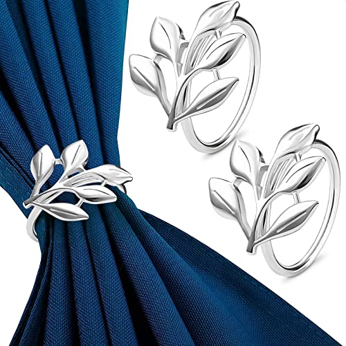 20Pcs Napkin Rings Silver Leaf - White Napkin Rings Bulk For Wedding, Party, Easter Napkin Rings And Christmas Napkin Rings - Silver Napkin Rings For Formal Or Casual Dining Table Flower Napkin Holder #TOP12