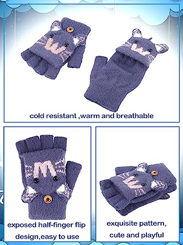 Geyoga 3 Pairs Kids Fingerless Gloves Convertible Flip Top Gloves Winter Warm Half Finger Mitten for Kids Boy Girl 5-10 Years(Purple, Sky Blue, Gray Mouse)3