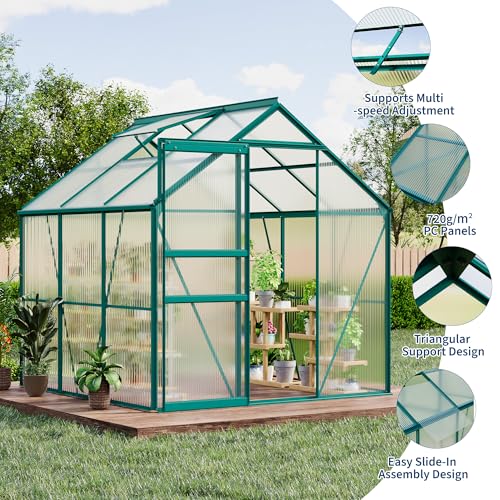 GarveeHome 6 x 6 FT Polycarbonate Greenhouse, Winter Greenhouses for Outdoors with Aluminum Frame, Sliding Door, Adjustable Roof Vent, Backyard Green Houses, Patio Garden, Green by GarveeHome - Image 5