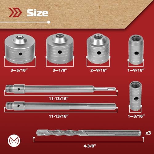 MonoPro 10-Pieces Concrete Hole Saw Kit with 3 Drill Bits and SDS Plus & Max Shank, Masonry Hole Saw Kit Size 30, 40, 65, 80, 100 MM for Brick, Block, Concrete Drilling.
