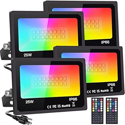 Upgraded LED Flood Light Outdoor 25W 4 Pack, DIY Color Changing Halloween Patio Floodlights with Remote, IP66 Waterproof RGB Spot Light Timing Uplights for Events Party Stage Light