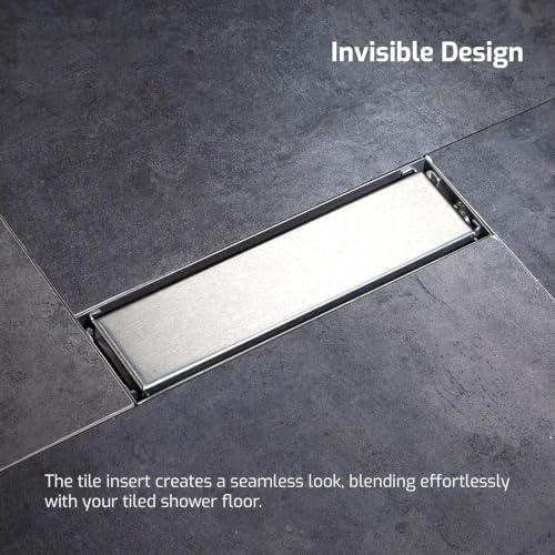 Image of Tile Insert Shower Drain Channel 12 x 4 Inch Invisible Floor Drain with Cockroach Trap 304 Stainless Steel Drain Jali Covered with Collar Side Outlet Compatible with 13mm Tiles