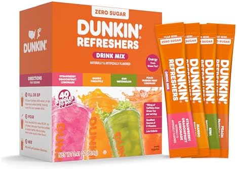 Dunkin’ Zero Sugar Refreshers Singles To Go! Powdered Drink Mix, 40 Ct Variety Pack, Energy from Green Tea, Aspartame-Free, Just Add Water