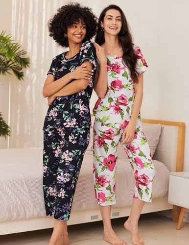 Image of Ekouaer 2 Pack Womens Pajamas Sets Short Sleeve Tops and Capri Pants Pjs Colorful Printed Sleepwear Sets
