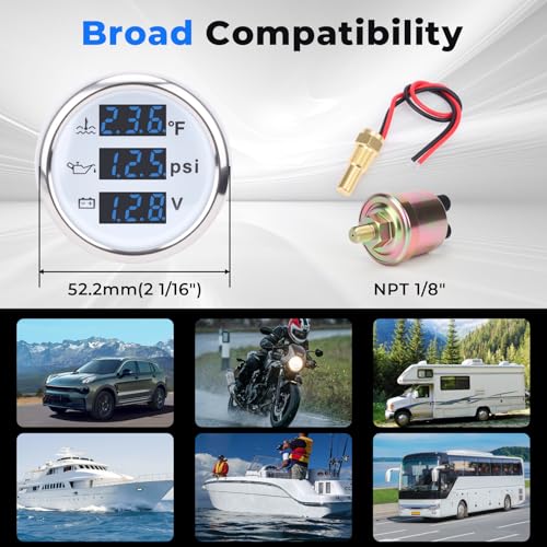WODHMIEY 3 in 1 Gauge Kit 52mm Digital Oil Pressure Gauge, Water Temperature Gauge, Voltmeter for Car Truck Boat RV Motorcycle, Automotive Gauge Kit with Oil Pressure Sensor, Universal 12V (BLUE3)