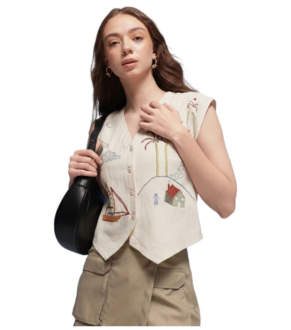 anni designer Women’s Cream Cotton Embroidered Sleeveless Top | Handcrafted Scenic Thread Work | Button Front Casual Summer Top-picture-28