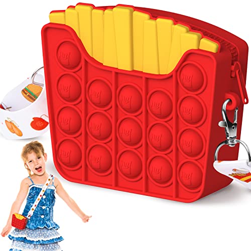 Pop Fidget Purse for Girls Crossbody, 2 in 1 Pop Bag Push Bubble Handbags, Poppet Purse Bubble Bag Cartoon Silicone Fidget Toys Handbags with Adjustable Shoulder Strap Gift for Kids Boys (Fries)